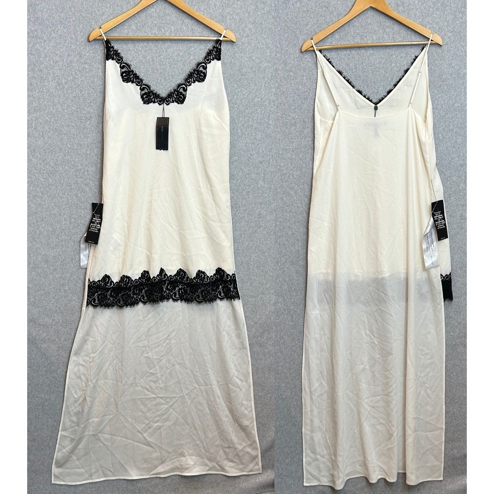 BCBG MAXAZRIA Lake High Low Maxi Slip Dress White Black Lace Trim Women XS NWT